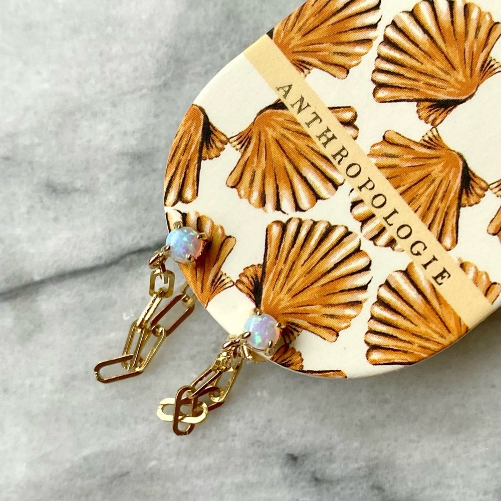 NWT Anthropologie TAI Chain Link Drop Earrings Gold Opal Stone - Picture 15 of 16